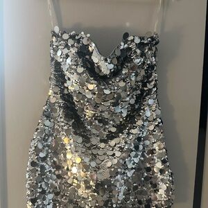 Silver Sequin Strapless Dress